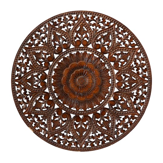 Brown Wood Handmade Intricately Carved Floral Wall Decor with Mandala Design 36" x 1" x 36"